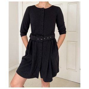 Black A-Line Dress, Above Knee, 3/4 Sleeves, Button Up, with Belt, Size S